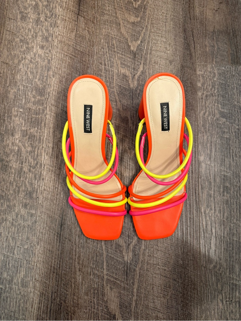 Nine West Orange Slide Sandals with Pink and Yellow Straps